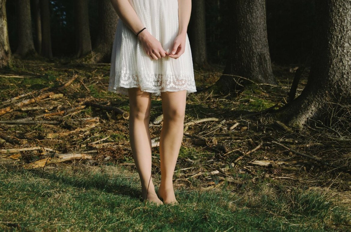 girl white dress forest woods