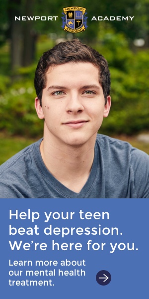 Newport Academy: a young man smiles slightly looking directly at the viewer. A text box below him reads, "Help your teen beat depression. We're here for you. Learn more about our mental health treatment."