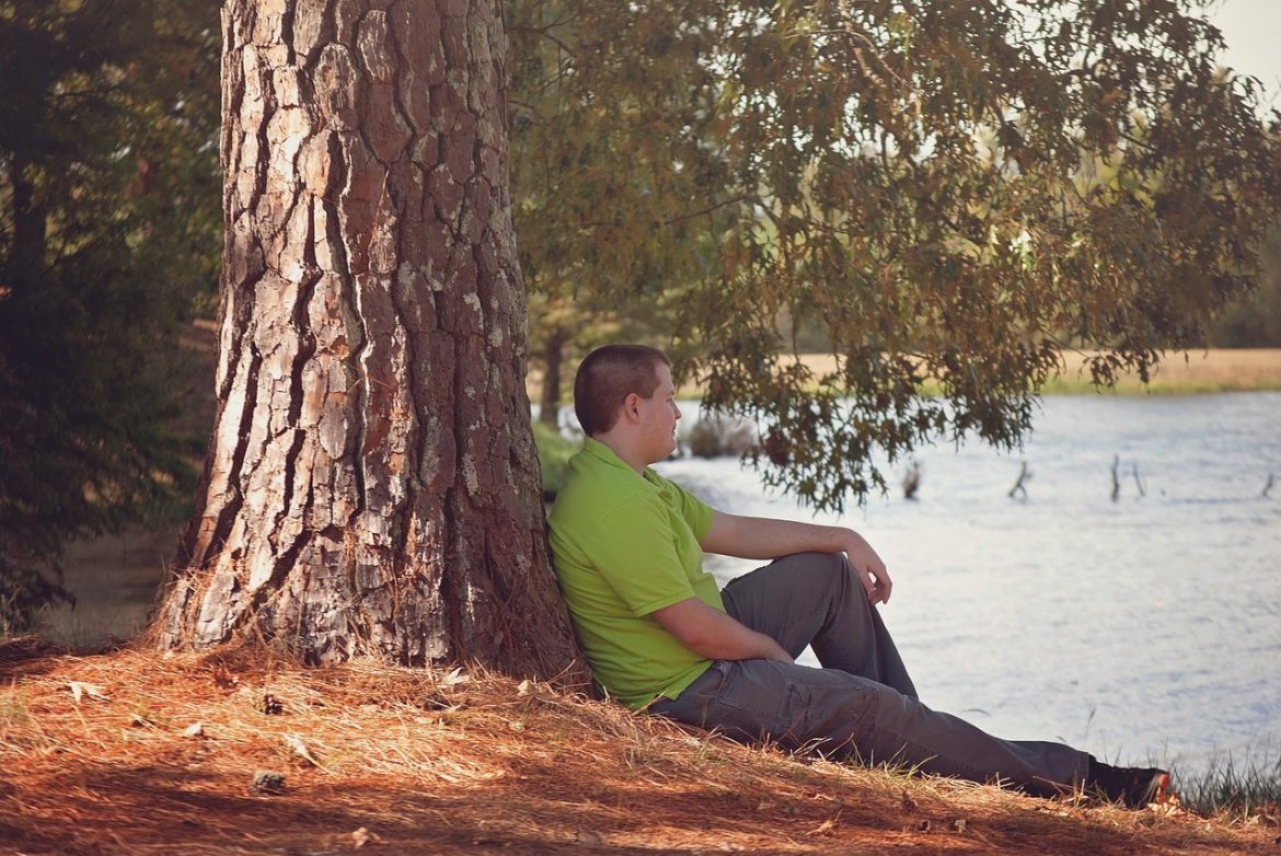 teen boy sitting tree